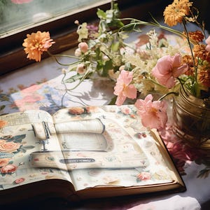 Diário de lixo imprimível com tema de costura, papel de scrapbook digital vintage, colagem de costura, itens efêmeros de tecido, diário de costureira, imagens de costura