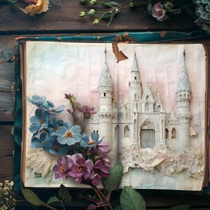 Journal du château, papiers de scrapbooking vintage, journal rustique, feuille de collage palais de conte de fées, éphémères tour fantastique, aquarelle pastel