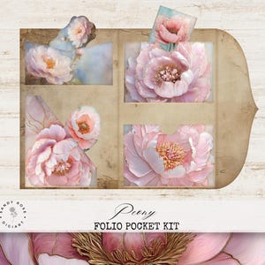 Pfingstrose Junk Journal, Folio, Floral Scrapbook Taschen, Vintage druckbare Ordner, Blumen Ephemera, Shabby Journal Karten, blumige wählerische Schnitte