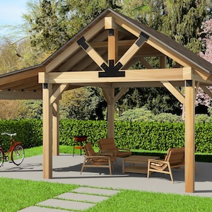 以下が含まれることがあります： 頑丈な柱で支えられた、切妻屋根の木製ガゼボ。木製の椅子とテーブルを備えた座席エリアがあります。赤い自転車が近くに駐車されており、背景には緑豊かな緑と咲き誇る木が含まれています。