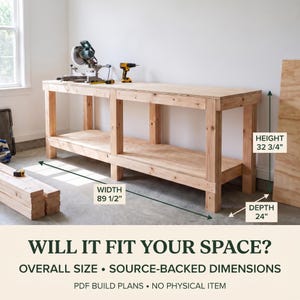 May include: A light-colored wooden workbench with a lower shelf, featuring text labels indicating dimensions of 89 1/2 inches width, 32 3/4 inches height, and 24 inches depth. The text reads: WILL IT FIT YOUR SPACE? OVERALL SIZE.