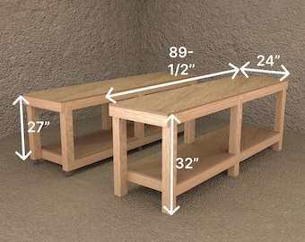 May include: Two light-colored wooden benches. Each bench has a rectangular top, a lower shelf, and four square legs. The benches are 89.5 inches long, 24 inches wide, and 27 inches high. The shelf is 32 inches from the ground.