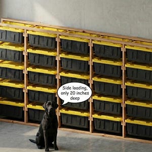 Plans de construction d'une étagère de rangement compacte à chargement latéral pour garage, à monter soi-même, pour 25 bacs Costco de 27 gallons avec roulettes