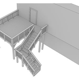 Può includere: Rappresentazione architettonica dettagliata di un ponte di legno con scala. Il ponte è rialzato e collegato a un edificio con una porta. La scala scende. La struttura è in legno.