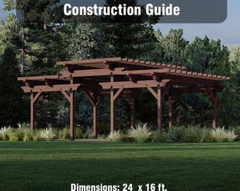 May include: A wooden pergola construction guide with a photo of a pergola in a backyard setting. The pergola is 24 feet by 16 feet, with a maximum height of 11 feet 9 inches. The pergola has a brown stain finish.