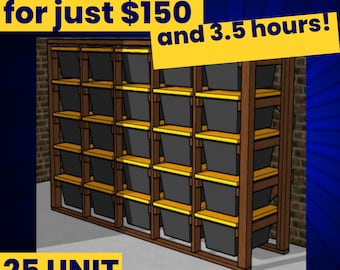 Ultimate 27-Gallon Tote Storage Rack Plans | Garage Shelves Plans (5x5) | Digital Build Plans for Costco & HD Bins, With or Without Wheels