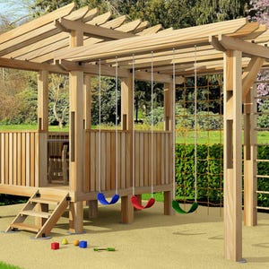 May include: A wooden playset with a swing set, a climbing wall, and a small platform. The playset is painted in a natural wood color and has a pergola roof.