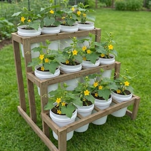 Op de afbeelding: Een houten plantenbak met meerdere niveaus met meerdere witte potten, elk met een komkommerplant met gele bloemen. De plantenbak staat buiten op een gazon, met een tuin op de achtergrond.