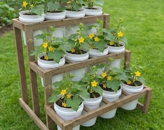 Bauplan für ein dreistöckiges Pflanzregal für 12 x 5-Gallonen-Eimer | Vertikales Gartenregal zum Selberbauen | Druckbare digitale Bauanleitung | Gartenständer für den Außenbereich