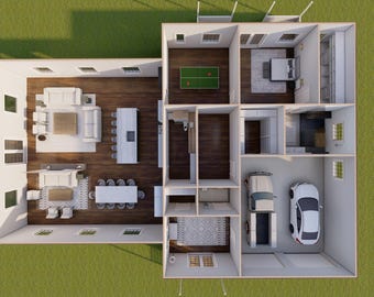 May include: A top-down view of a house floor plan with a living room, dining room, kitchen, game room, garage, and two bedrooms. The living room has a white sofa, two armchairs, a coffee table, and a rug. The dining room has a white table with chairs. The kitchen has a white island with bar stools. The game room has a ping pong table. The garage has two cars. The bedrooms have beds and dressers.