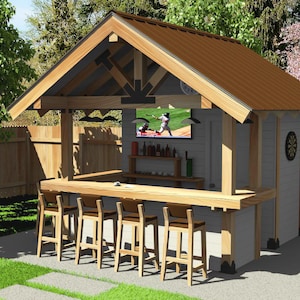 May include: Outdoor wooden bar structure with a brown roof, a built-in bar, and seating for six. The bar has a TV mounted above it, a shelf with bottles, and a dartboard on the side. The bar is set in a backyard with a wooden fence and green grass.
