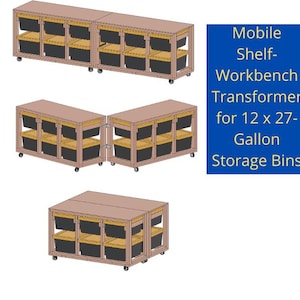 May include: A mobile shelf-workbench transformer for 12 x 27-gallon storage bins. The workbench can be configured in three different ways: linear, L-shaped, and compact. The workbench is made of wood and has wheels for easy mobility.