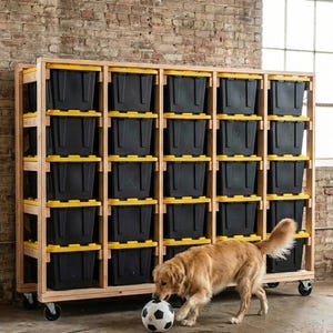 Ultieme opbergrekplannen voor 27 gallon (ca. 100 liter) | Plannen voor garageplanken (5x5) | Digitale bouwplannen voor Costco- en HD-bakken, met of zonder wielen