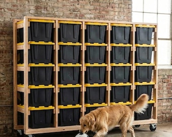 Plans pour un système de rangement optimal pour bacs de 27 gallons | Plans d'étagères de garage (5x5) | Plans de construction numériques pour bacs Costco et Home Depot, avec ou sans roulettes