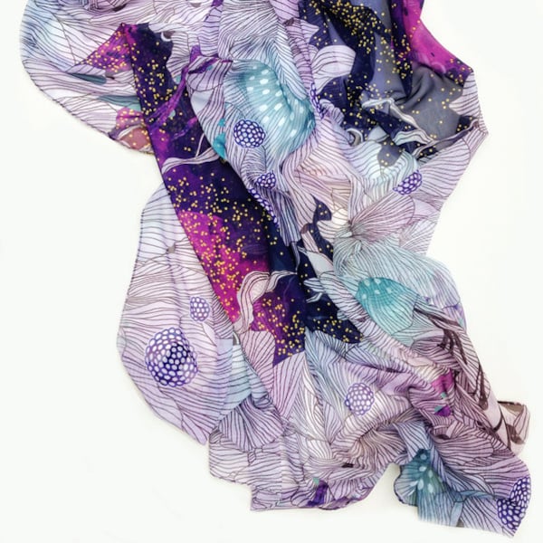 Floral scarf, printed scarf, abstract scarf, botanical print scarf, soft purple scarf, original illustration by Yellena