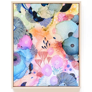 Stretched Canvas Art Print with Natural Wood Floating Frame - &quot;Silken&quot; - Floater Frame Wall Art, Wood Framed Artwork for Home Decor