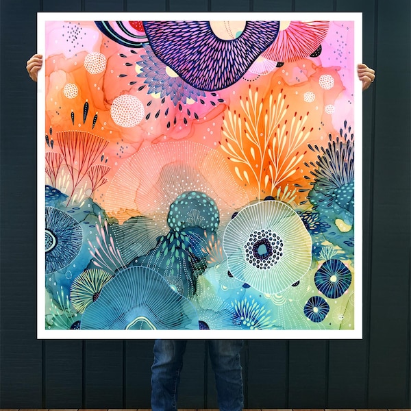 Könnte beinhalten: Ein farbenfroher abstrakter Kunstdruck mit weißem Rand. Das Kunstwerk zeigt eine lebendige Mischung aus Orange, Rosa, Blau und Lila, mit komplizierten floralen und organischen Formen. Die Person hält das Kunstwerk.