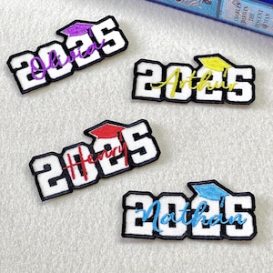 May include: Embroidered patches with the year 2025 and names: Olivia, Arthur, Henry, and Nathan. Each patch has a graduation cap and is outlined in black with white lettering.