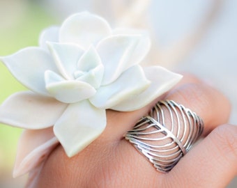 Oxidized Sterling Silver Feather Ring - Adjustable Boho Cuff