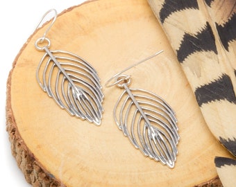 Sterling Silver Feather Earrings | Feather Drop Earrings | Metal Feather Earrings | Bohemian Feather Earrings