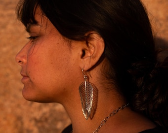 Long Oxidized Sterling Silver Feather Earrings: Boho Dangle Jewelry