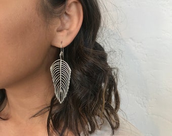 Long Sterling Silver Feather Earrings |  Metal Feather Earrings | Feather Drop Earrings | Metal Feather Earrings | Boho Feather Earrings