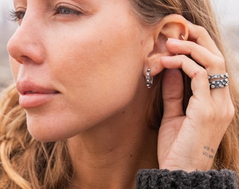 Small Silver Hoop Earrings | Studded Hoops | Rocker Jewelry