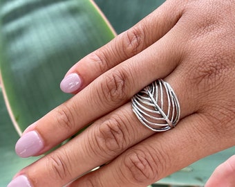 Adjustable Sterling Silver Feather Ring: Wide Boho Band