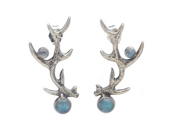 Sterling Silver Antler Earrings: Moonstone Reindeer Jewelry
