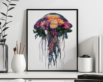 Kwallen kruissteekpatroon Instant pdf-download - bloemen kwallen aquarel kruissteek handborduurwerk Oceaan dieren zeedier