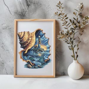 May include: A framed print featuring a lighthouse scene within a seashell. The artwork depicts a lighthouse on a rocky island, with waves crashing below and a sunset in the background. The frame is made of light-colored wood.