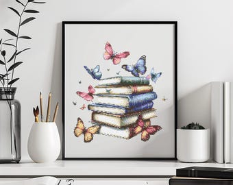 Books Cross Stitch Pattern Instant PDF Download - Books and Butterflies Watercolor Cross Stitch Hand Embroidery Bookworm Pattern