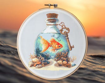 Fisch Kreuzstich Muster Sofort PDF Download - Goldener Fisch in der Flasche Aquarell Kreuzstich Handstickerei Goldfisch Meer Tier Muster