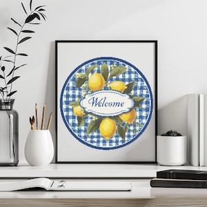 Lemon Cross Stitch Pattern Instant PDF Download - Welcome Lemon Watercolor Cross Stitch Hand Embroidery Lemon Fruit Pattern Checkered