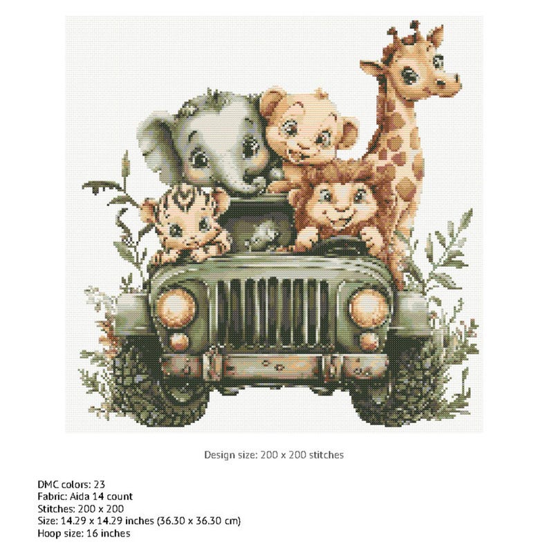 K&ouml;nnte beinhalten: Ein Kreuzstichmuster mit einem gr&uuml;nen Jeep, in dem ein Tiger, ein Elefant, ein L&ouml;we und eine Giraffe fahren. Der Jeep ist von gr&uuml;nem Laub umgeben. Design-Gr&ouml;&szlig;e: 200 x 200 Stiche.