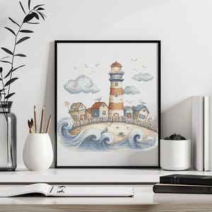 May include: A framed print featuring a coastal scene with a lighthouse, small houses, and seagulls. The lighthouse is red and white, and the houses have blue and brown roofs. The artwork is set against a backdrop of blue waves and a cloudy sky.
