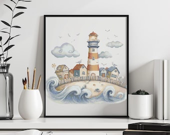 Lighthouse Cross Stitch Pattern Instant PDF Download -Whimsical Lighthouse Watercolor Cross Stitch Hand Embroidery Sea View Whimsical Houses