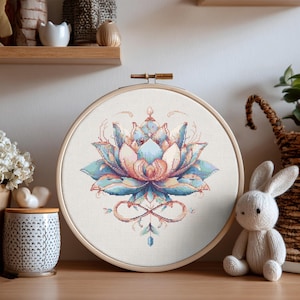 Puede incluir: Un bordado de punto de cruz de una flor de loto en un aro de madera. La flor presenta tonos de azul, rosa y melocotón. El diseño está centrado en una tela de color crema. El aro de madera se sujeta con un cierre metálico.