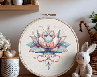 Lotus korsstygnsmönster direkt PDF-nedladdning - Lotus symbol för oändlighet akvarell korsstygn handbroderi näckrosblommönster