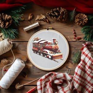 Patrón de punto de cruz de tren Descarga instantánea en PDF - Tren navideño Acuarela Punto de cruz Bordado a mano Tren de vapor vintage navideño