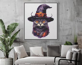 Patrón de punto de cruz de gato Descarga instantánea en PDF - Punto de cruz de acuarela de gato brujo bordado a mano Punto de cruz gótico de Halloween