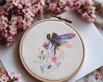 Bee Cross Stitch Pattern Instant PDF Download - Bee and Wildflowers Watercolor Cross Stitch Hand Embroidery Bee Flowers and Insect Pattern