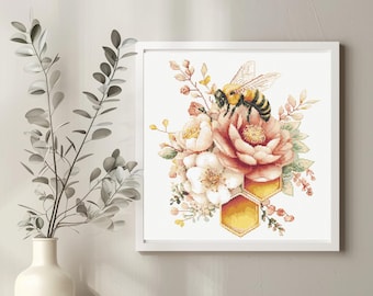 Bee Cross Stitch Pattern Instant PDF Download - Honey Bee Watercolor Cross Stitch Hand Embroidery Bee Flowers and Insect Pattern