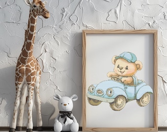 Bear Cross Stitch Pattern Instant PDF Download - Bear Drives a Car Watercolor Cross Stitch Hand Embroidery Nursery Toys Kids Room