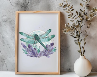 Dragonfly Cross Stitch Pattern Instant PDF Download - Dragonfly Watercolor Cross Stitch Hand Embroidery  Fly Insect and Cristal Moon Pattern