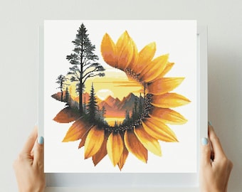 Sunflower Cross Stitch Pattern Instant PDF Download - Sunflower Silhouette Watercolor Cross Stitch Hand Embroidery Forest Landscape Pattern