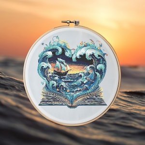 Buch Kreuzstich Muster Sofort PDF Download - Buch und Schiff Aquarell Kreuzstich Handstickerei Meer und Boot Sommer Fantasie Muster