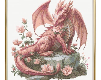 Padrão de ponto cruz de dragão Download instantâneo de PDF - Dragão rosa aquarela ponto cruz bordado à mão flores rosa fantasia dragão quarto infantil
