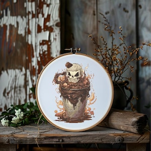 Cup Cross Stitch Pattern Instant PDF Download - Coffee and Skull Watercolor Cross Stitch Hand Embroidery Halloween Coffee Mug Cross Stitch