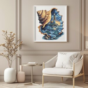 May include: A framed art print featuring a lighthouse scene within a seashell. The artwork depicts a lighthouse on a rocky island, surrounded by ocean waves, with a blue and yellow color palette. The seashell is detailed with brown and tan hues.